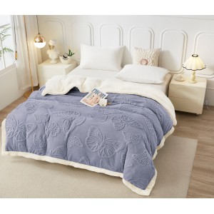 EXCLUSIV Pătură moale cocolino model fluturi 3D in relief, groasă cu blăniță alba,Gri